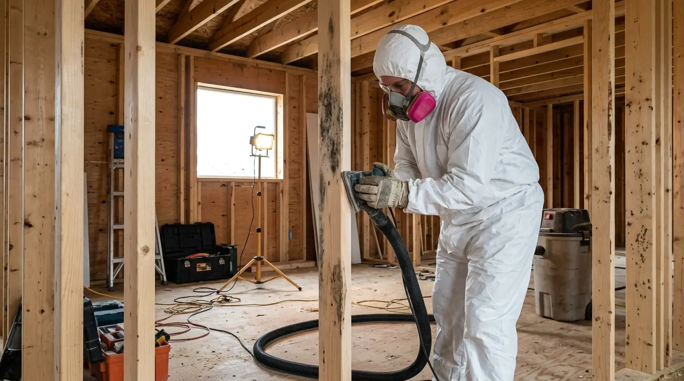 Sanding surface mold off new framing on a job site