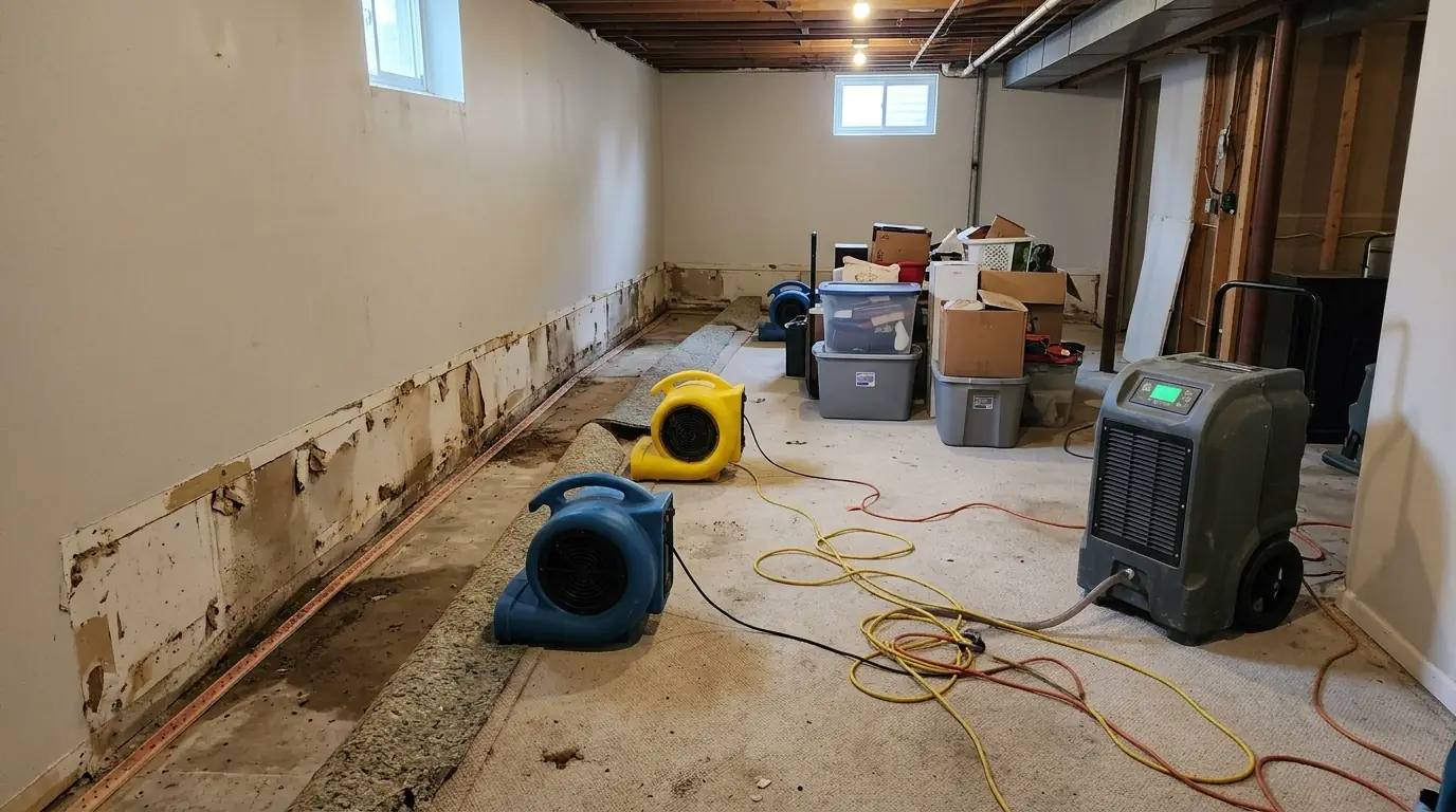 Drying a basement with dehumidifiers and air movers