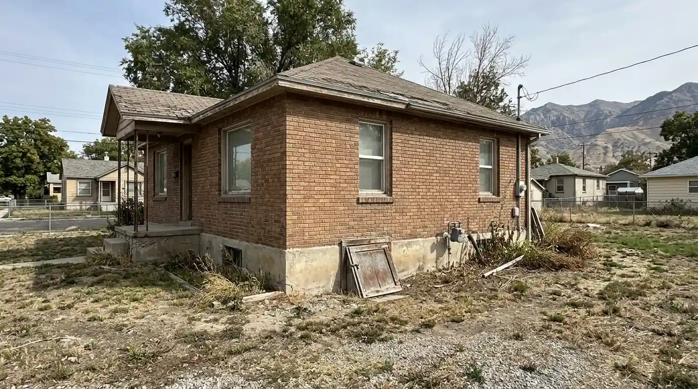 An older Tooele bungalow with a crawl space access door