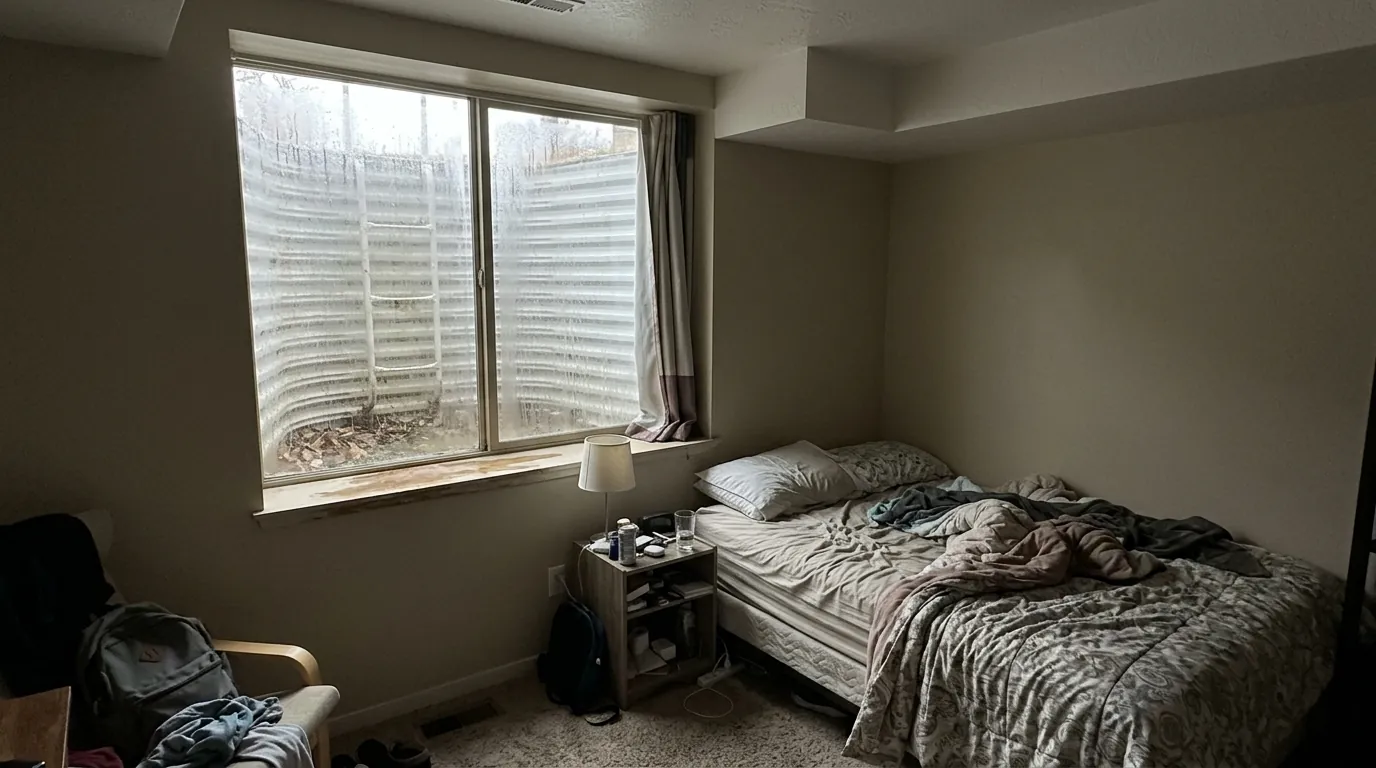 A Pleasant Grove basement apartment bedroom with an egress window