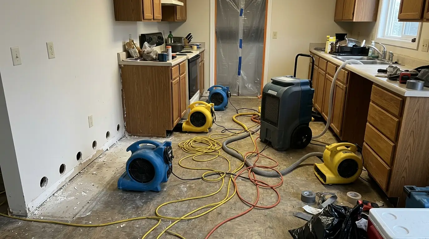 Structural drying equipment after a kitchen leak