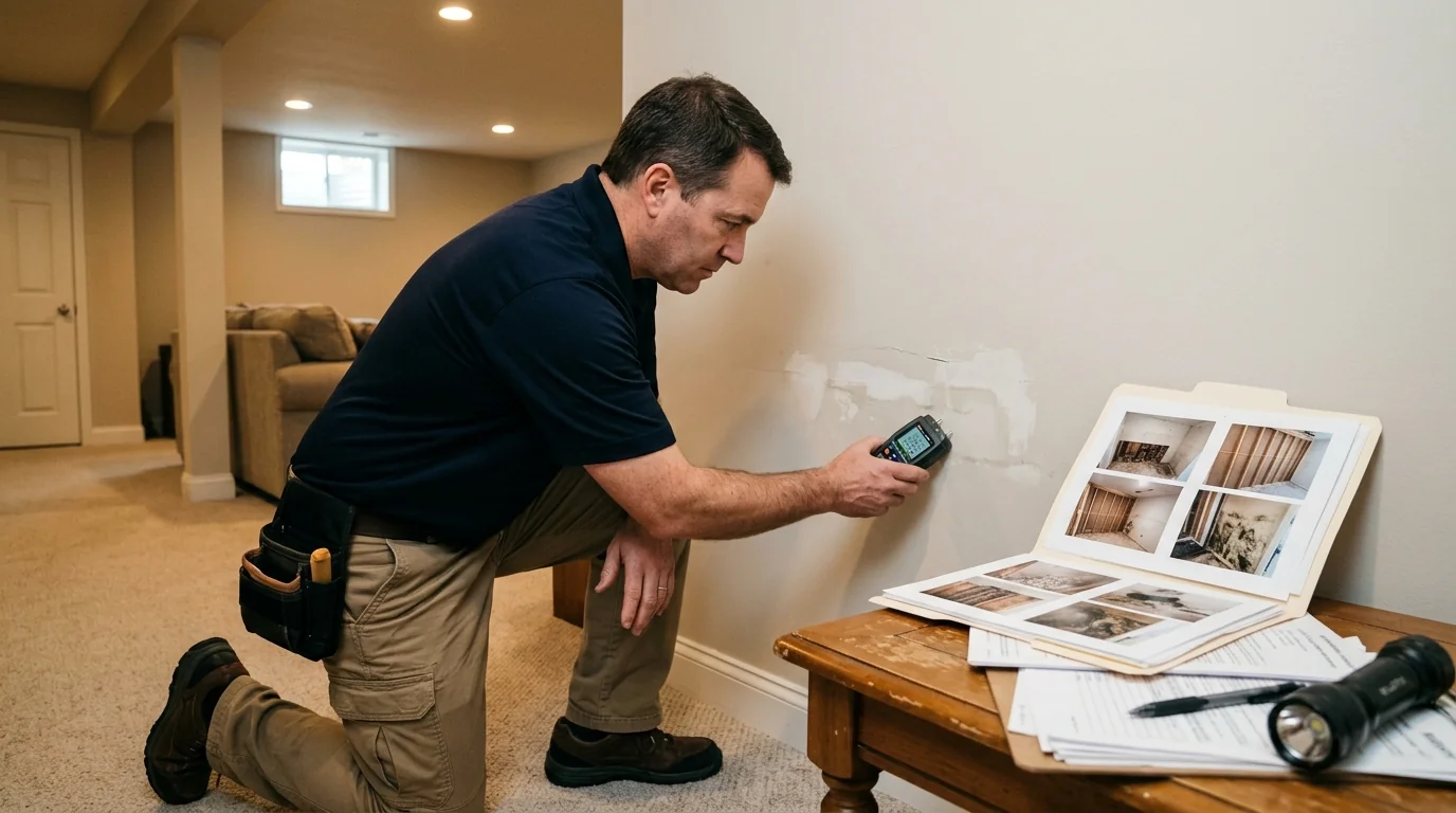 Checking a repaired basement wall with a moisture meter during a home inspection