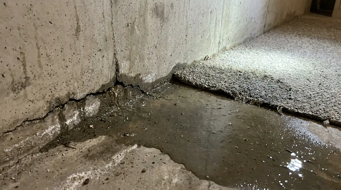 Snowmelt seepage at a basement wall crack