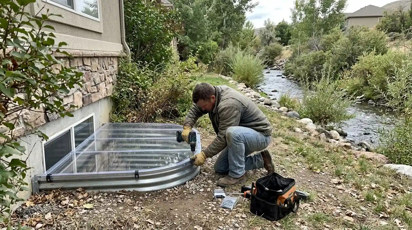 A window well cover on a basement window