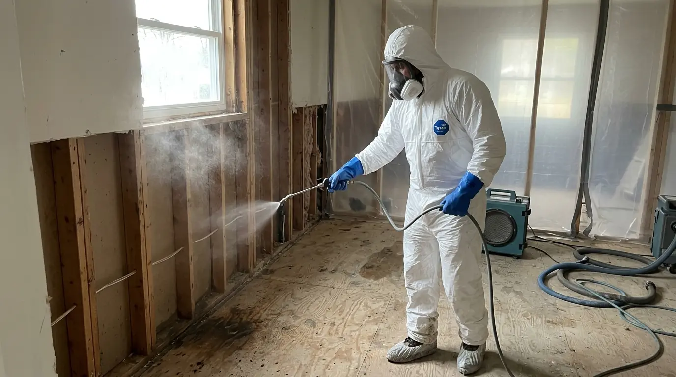 Applying antimicrobial to cleaned framing