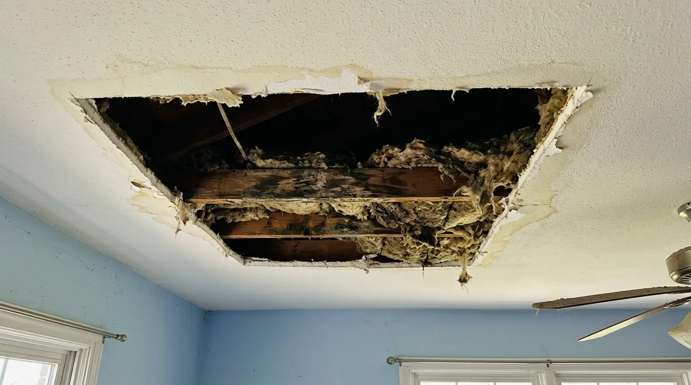 Ceiling opened below a leaking attic