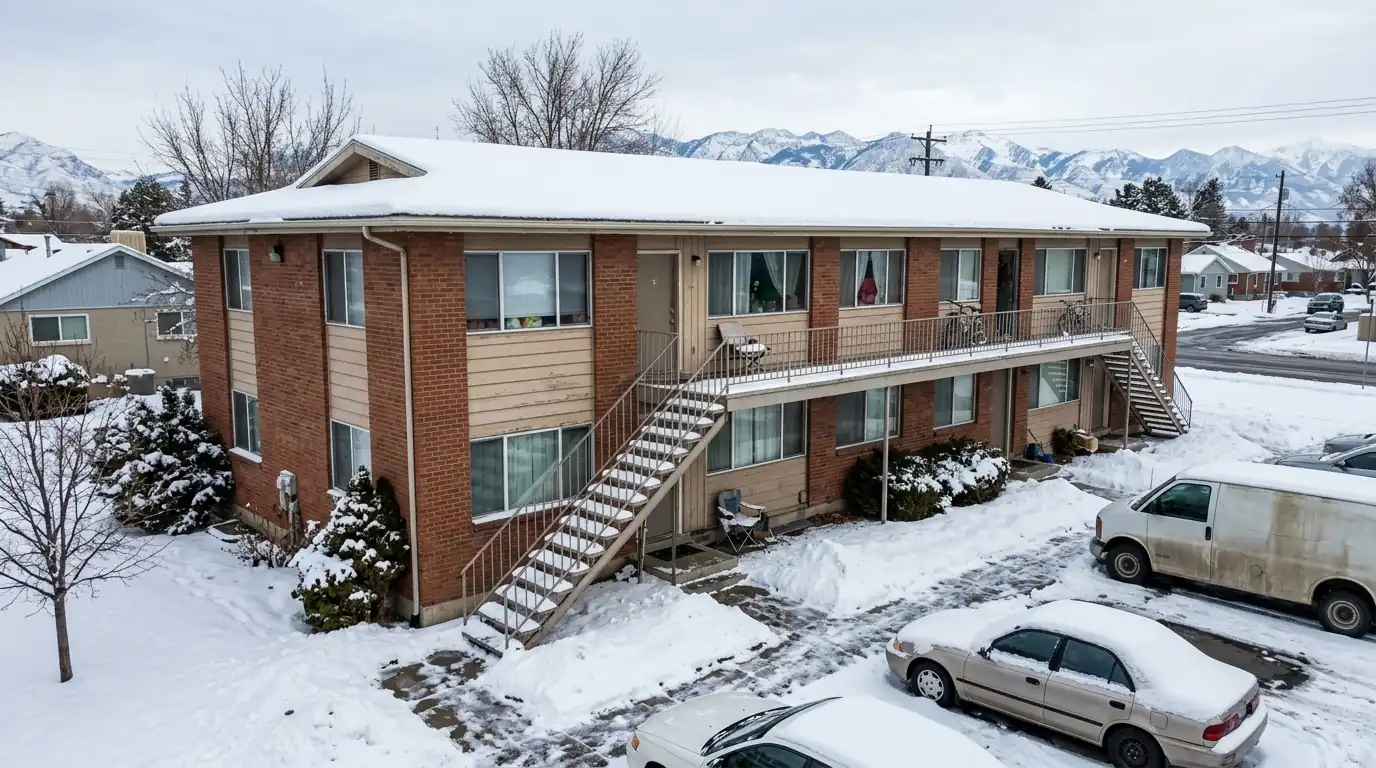 An older Provo apartment building in winter