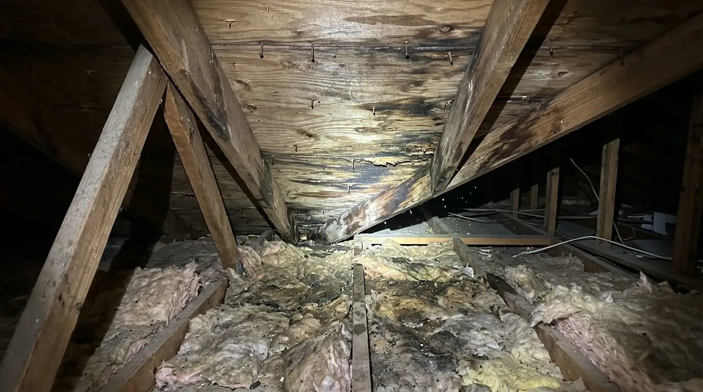 Water-stained roof sheathing and wet insulation in an attic