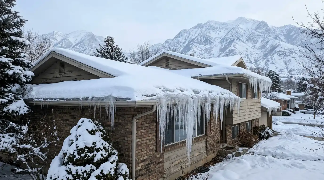 Ice dams on a Cottonwood Heights roof in winter