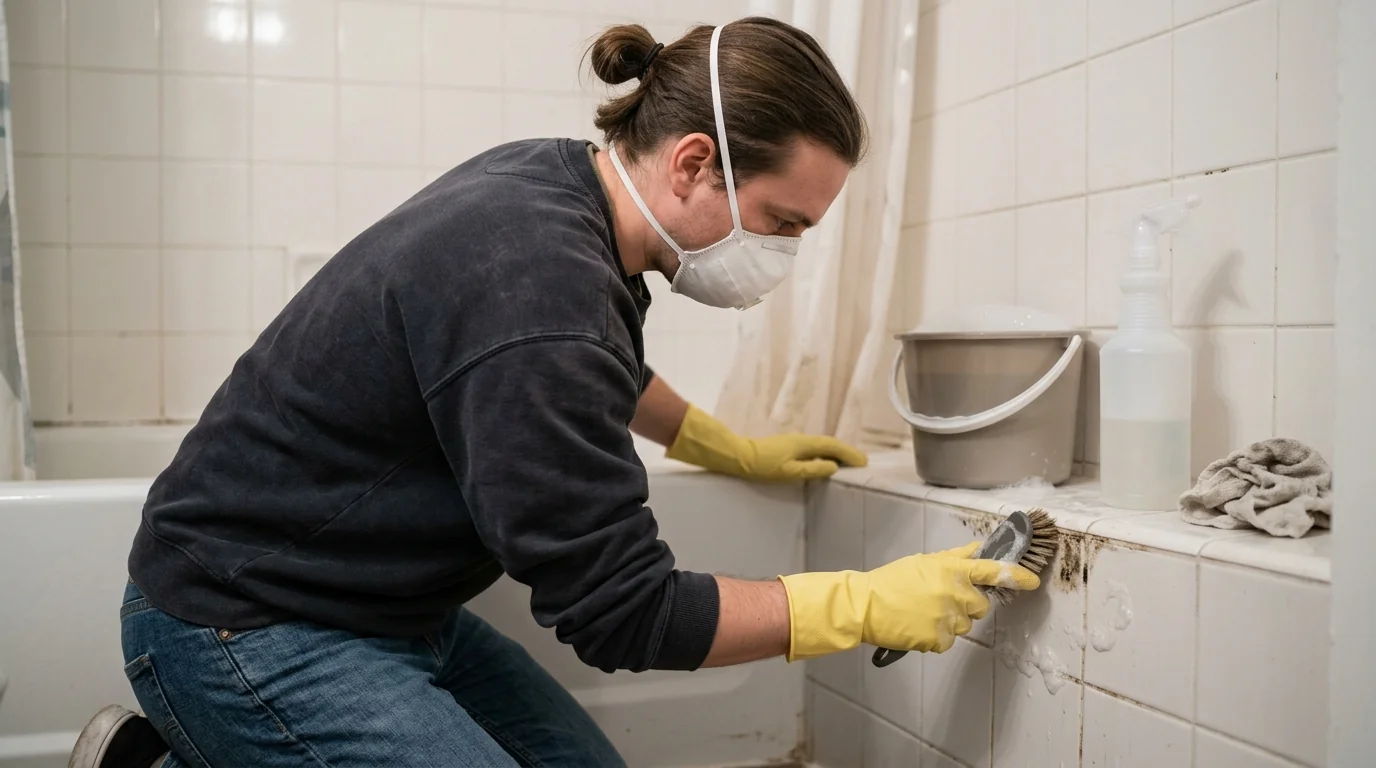 Scrubbing a small patch of mold on tile grout