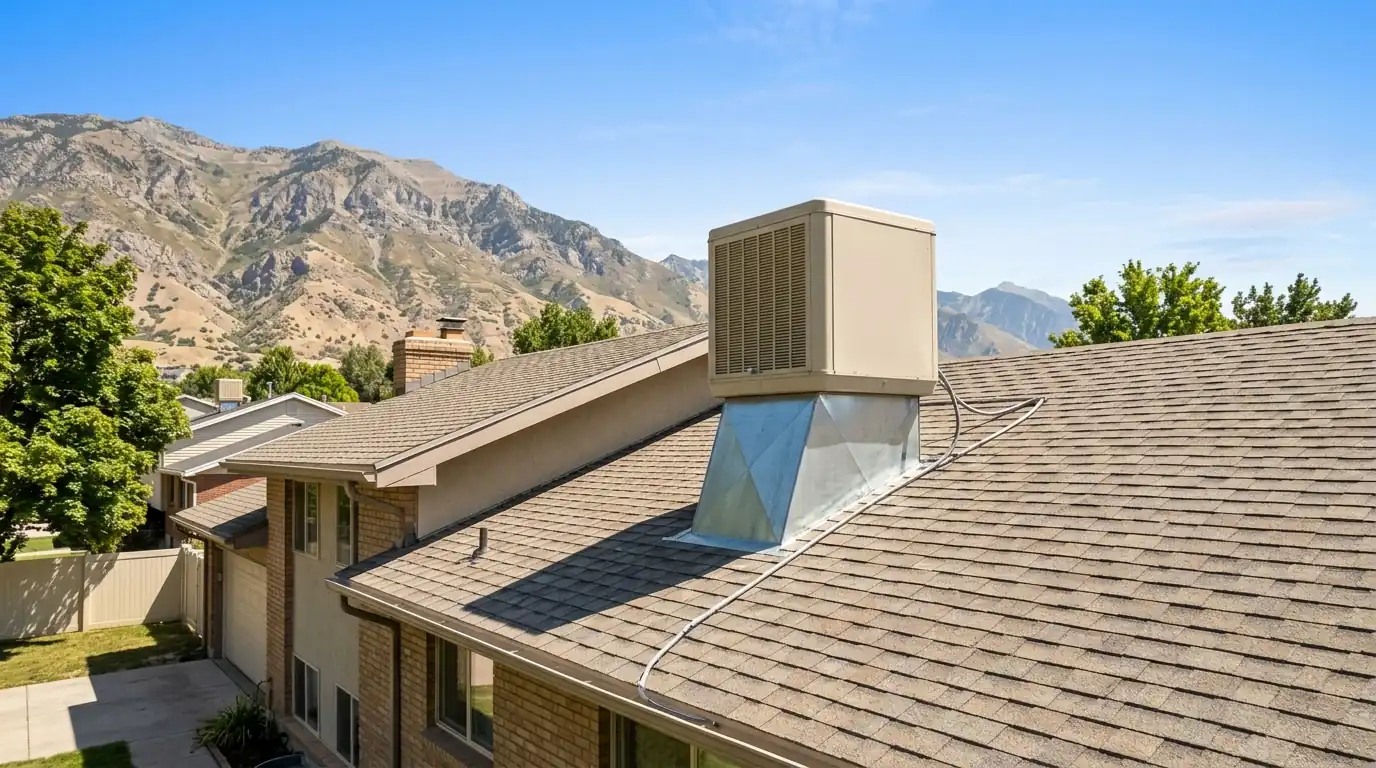 A rooftop swamp cooler on a Utah County home