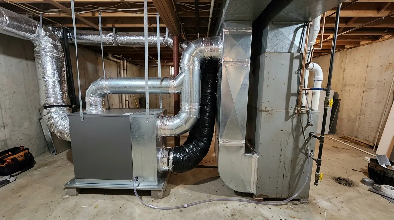 Dehumidifier ducted into a basement mechanical room