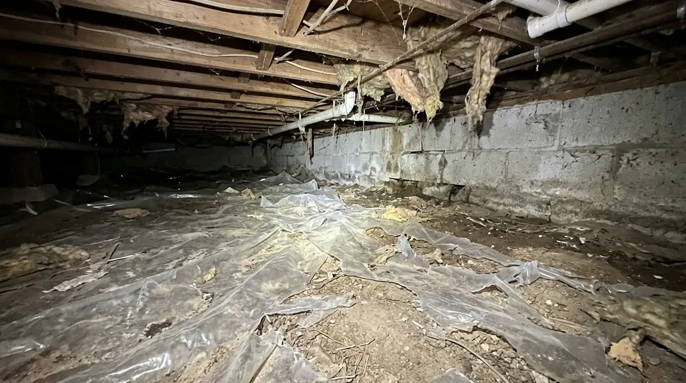 An old, torn vapor barrier in a crawl space