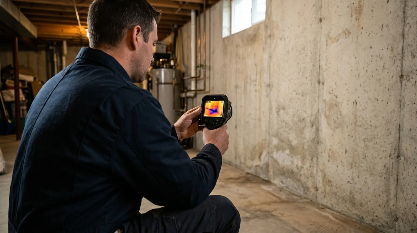 Thermal camera check of a damp basement wall during a mold inspection
