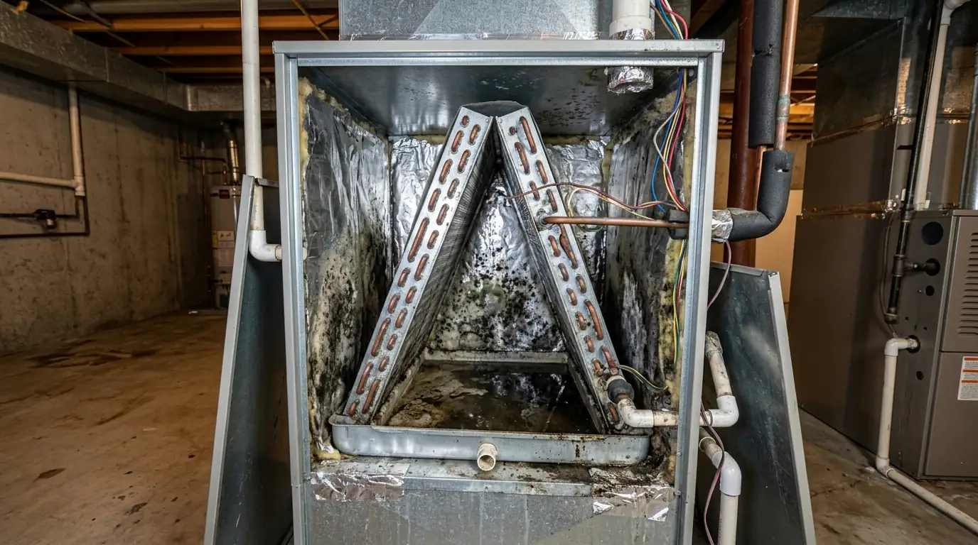 Mold in an air handler drain pan and cabinet lining