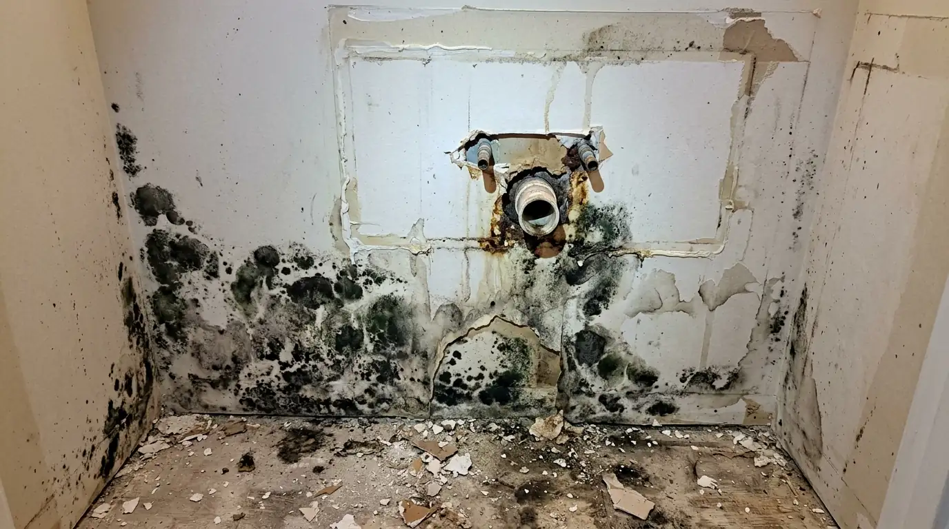 Black mold on drywall paper behind a removed vanity