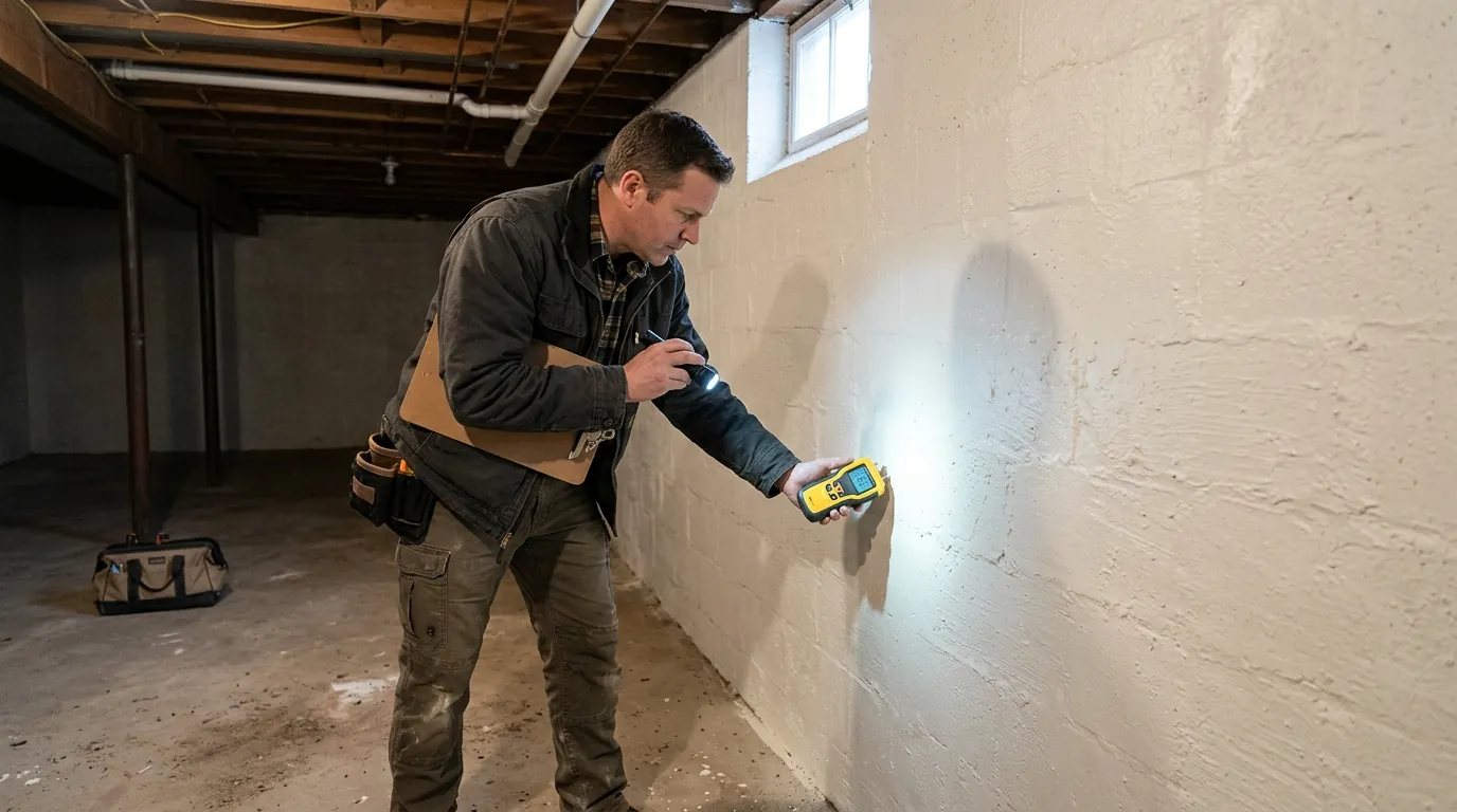 Checking a freshly painted basement wall before buying