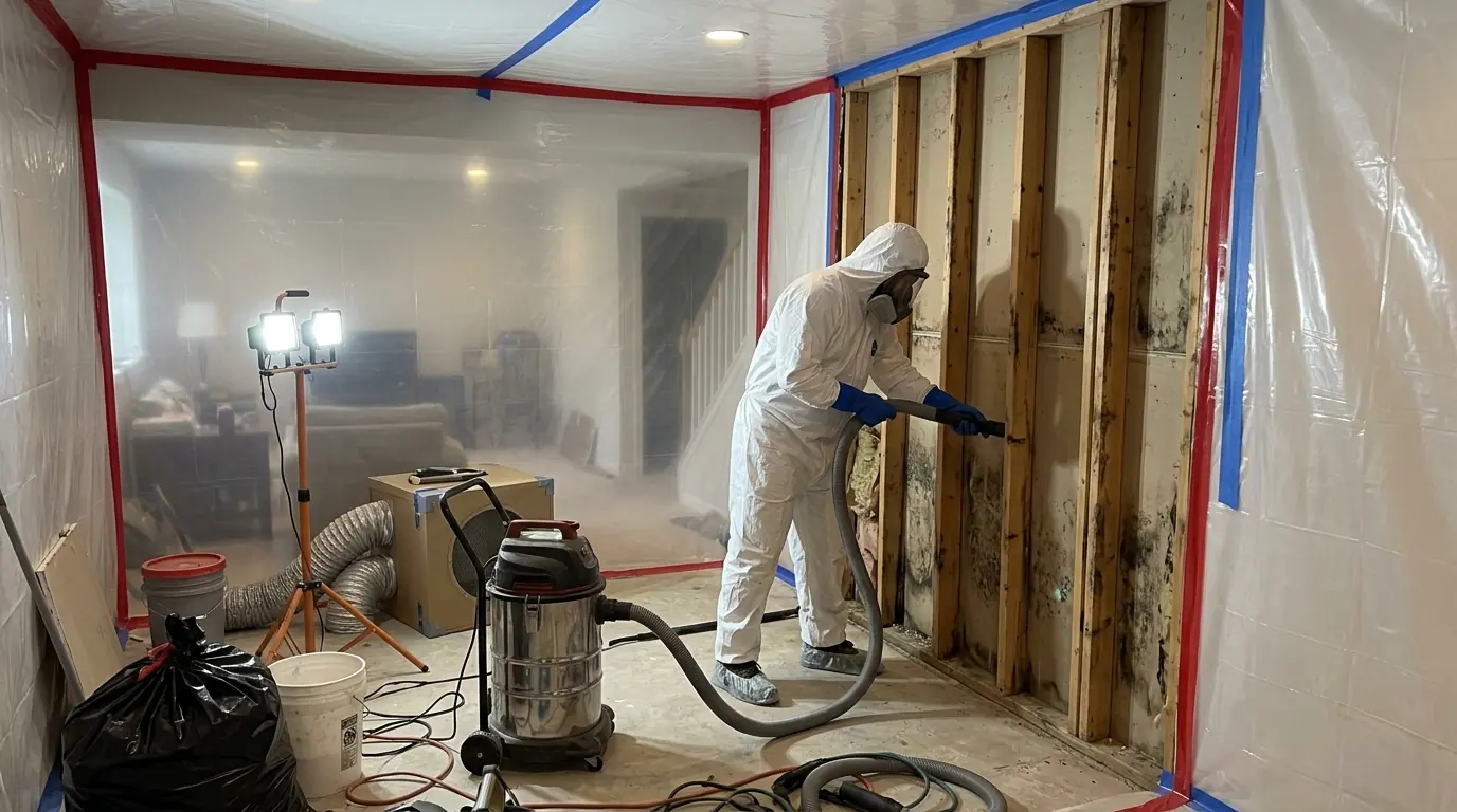 HEPA vacuuming exposed studs inside containment