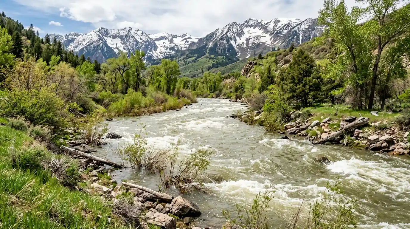 The Weber River running high during snowmelt