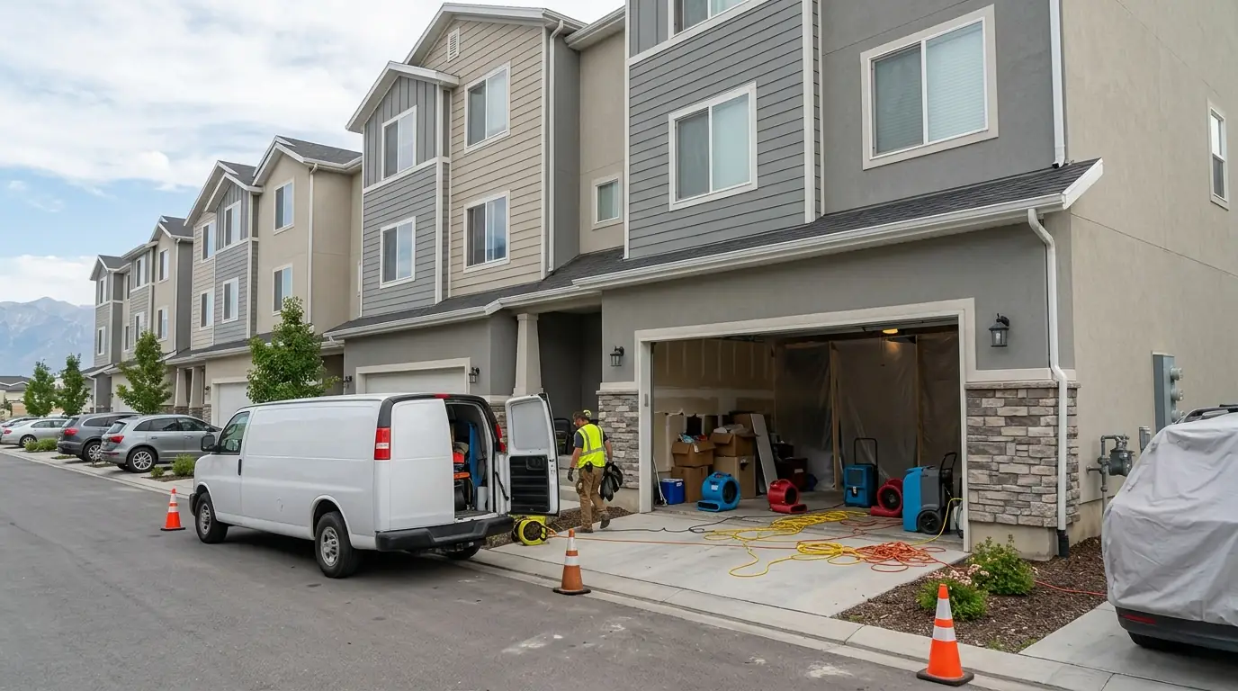 Westpointe townhouses with drying fans in a garage