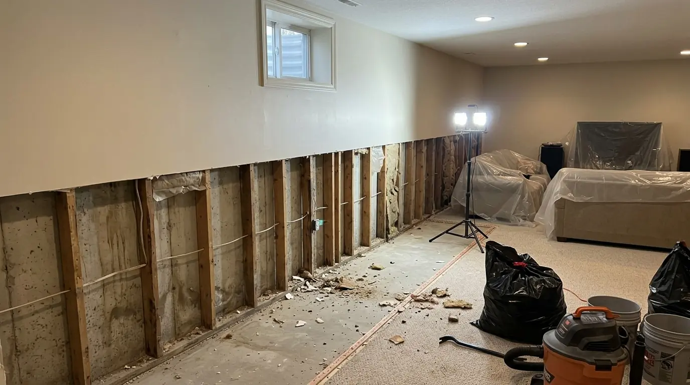 Lower drywall removed along a finished basement wall
