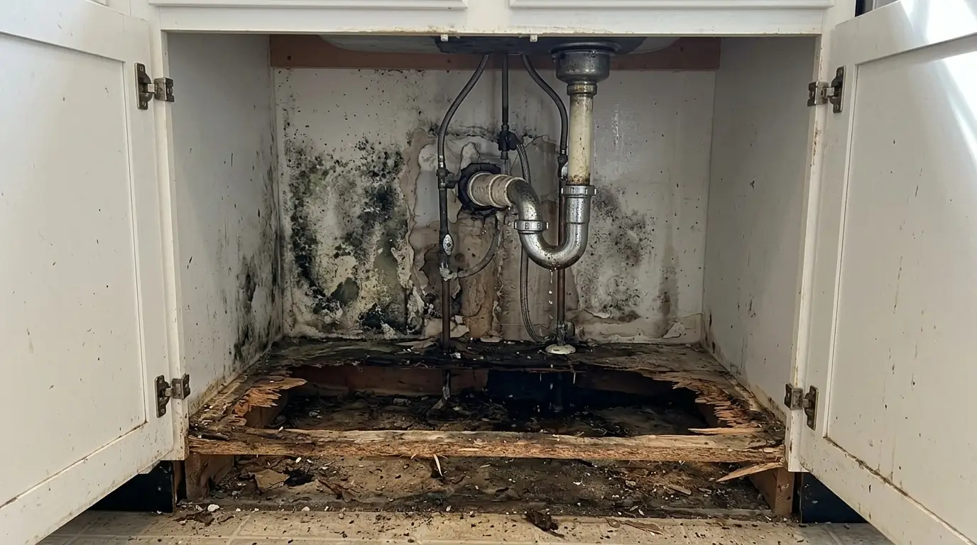 Moldy sink base with the cabinet floor removed