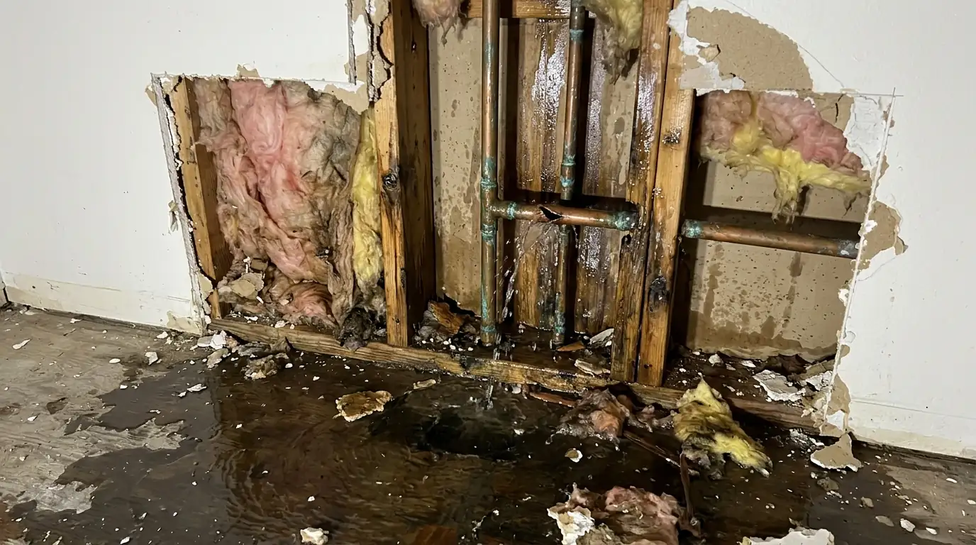 Burst pipe inside a wall cavity