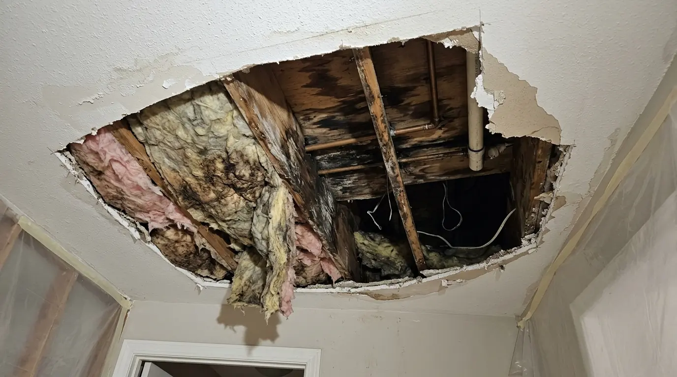 Ceiling opened below a leaking upstairs condo bathroom