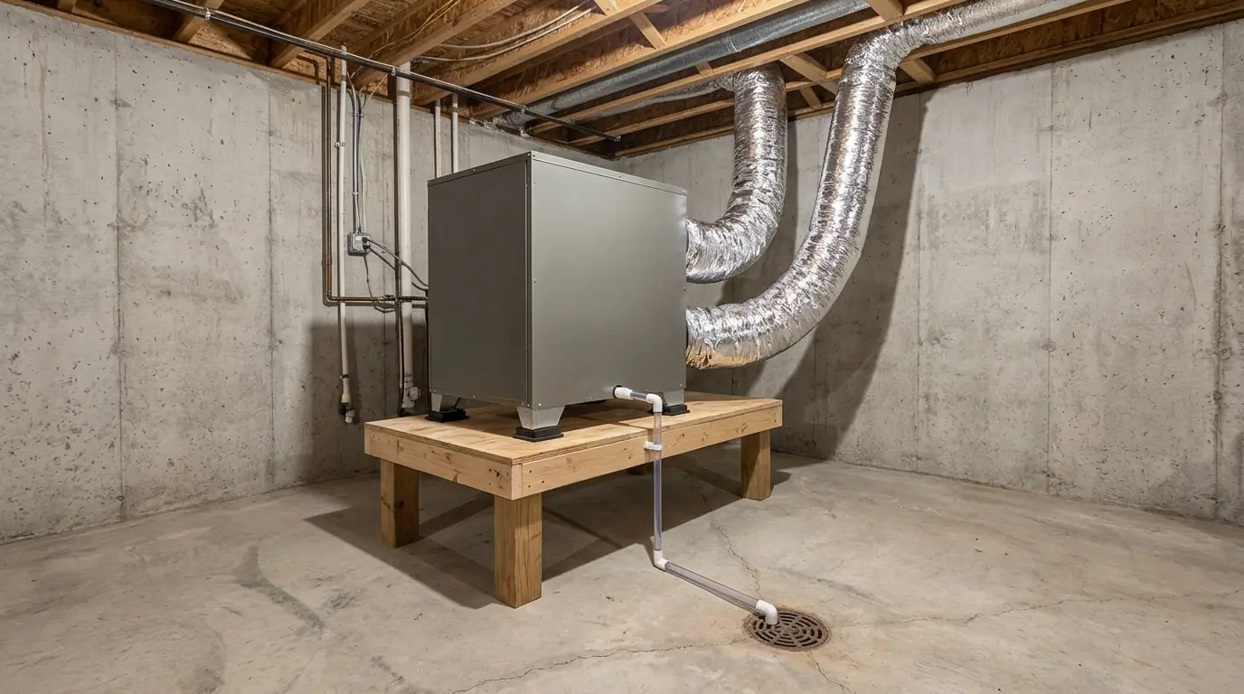 Ducted whole-house dehumidifier in a basement