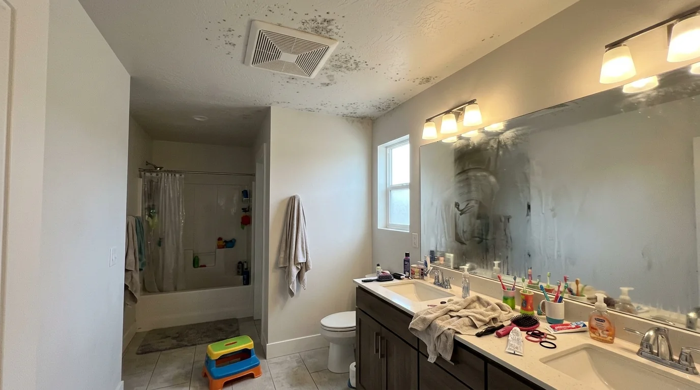 A busy Saratoga Springs bathroom with steam and ceiling spots