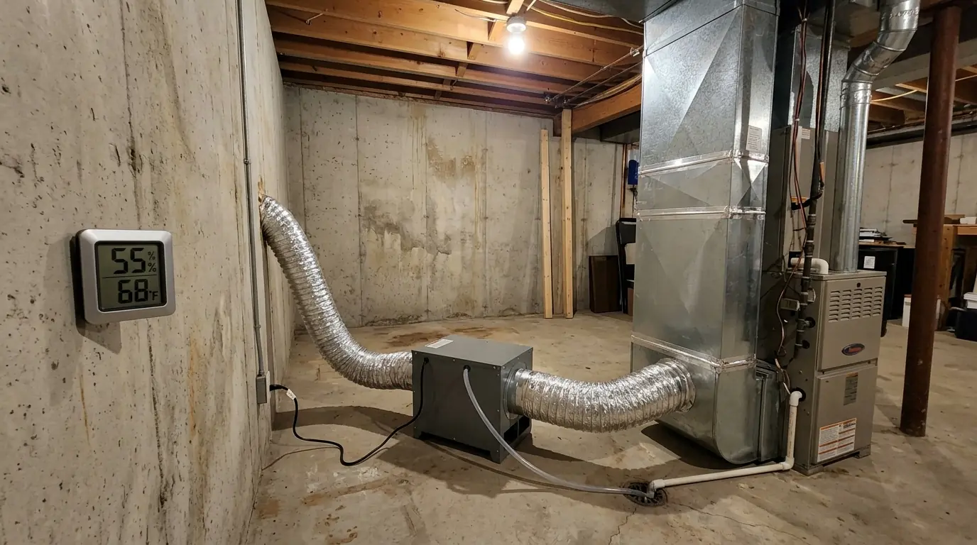 Basement humidity control with a ducted dehumidifier