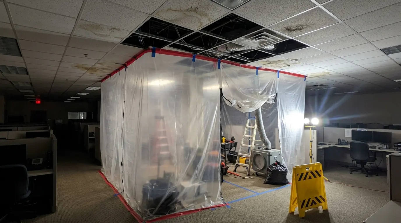 Ceiling tile removal inside containment in an office