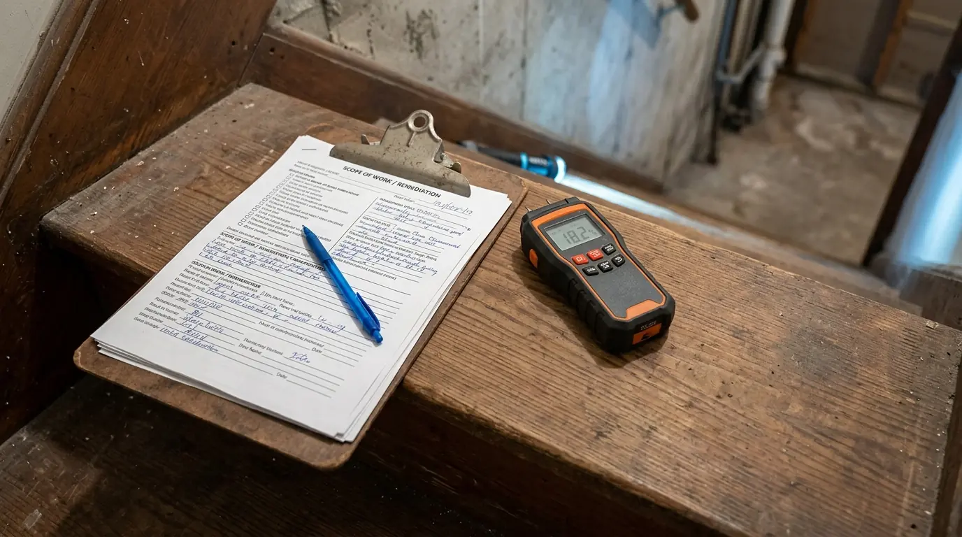 A written remediation scope and moisture meter