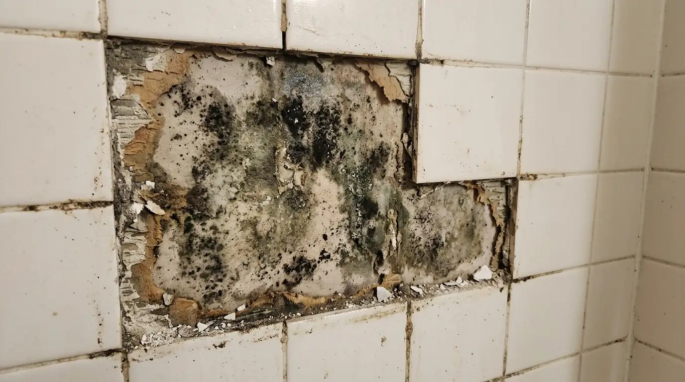 Mold on wet board behind cracked shower tile