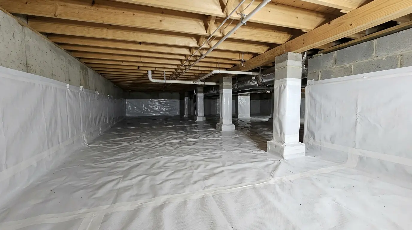 Encapsulated crawl space with a sealed white liner