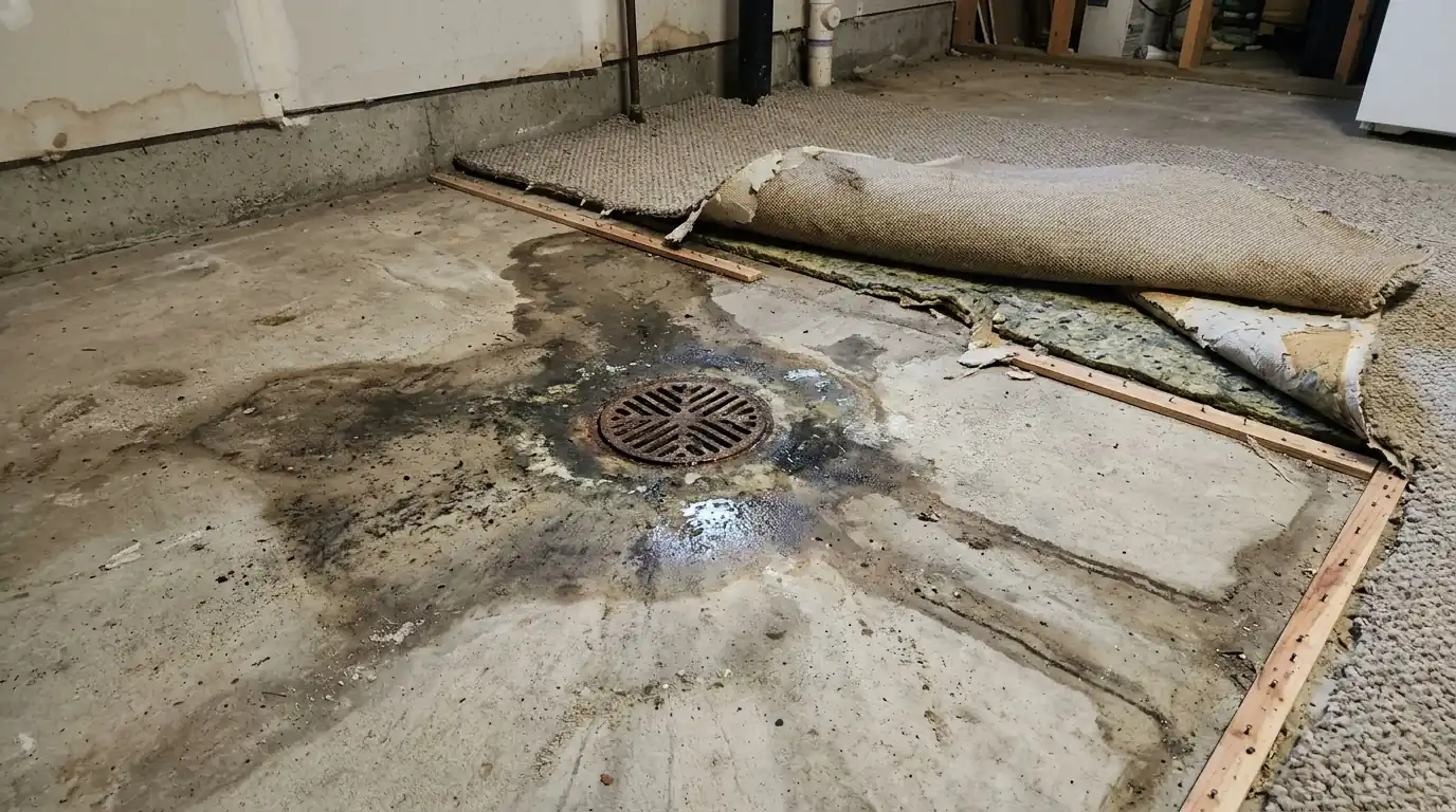Floor drain backup stain on a basement slab