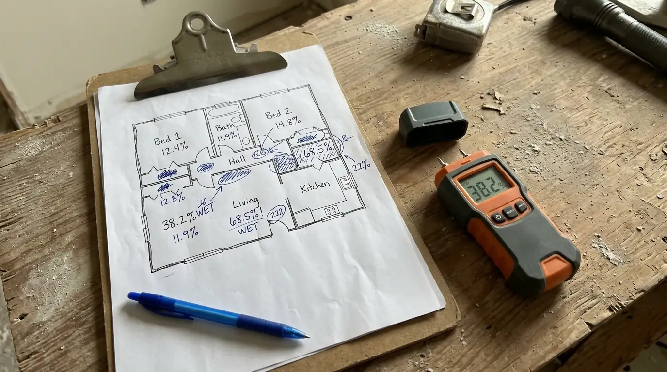 Floor sketch with moisture readings marked