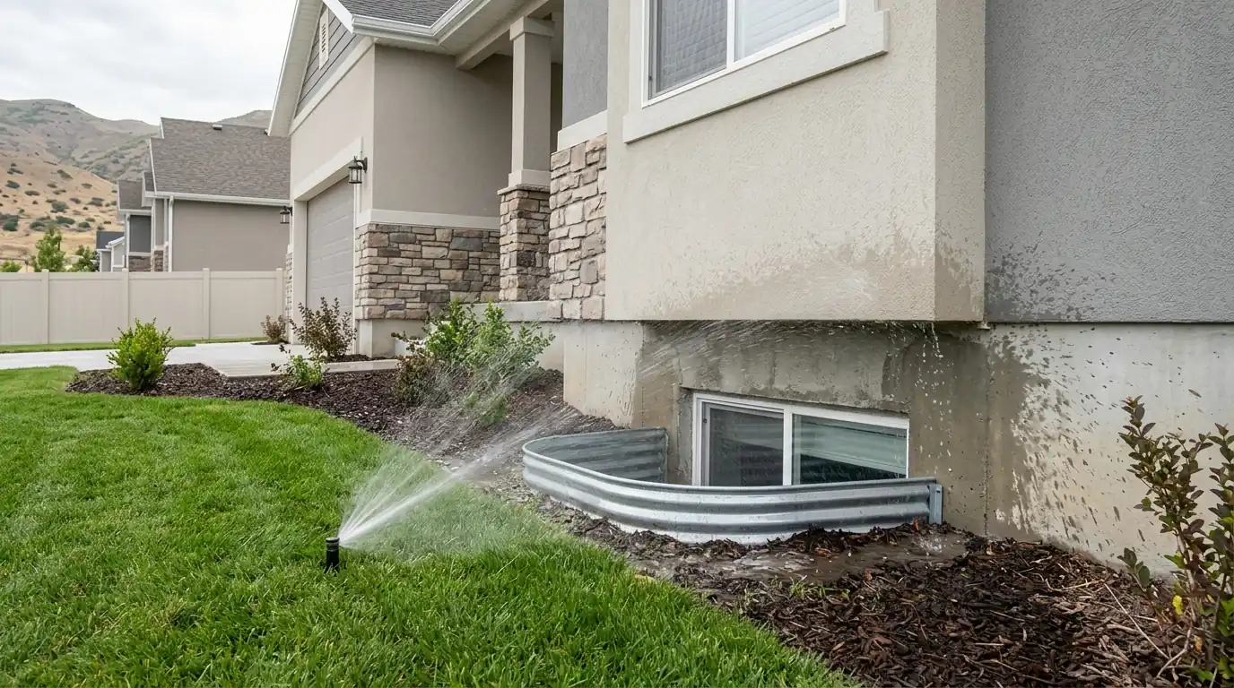 A sprinkler spraying a Herriman foundation