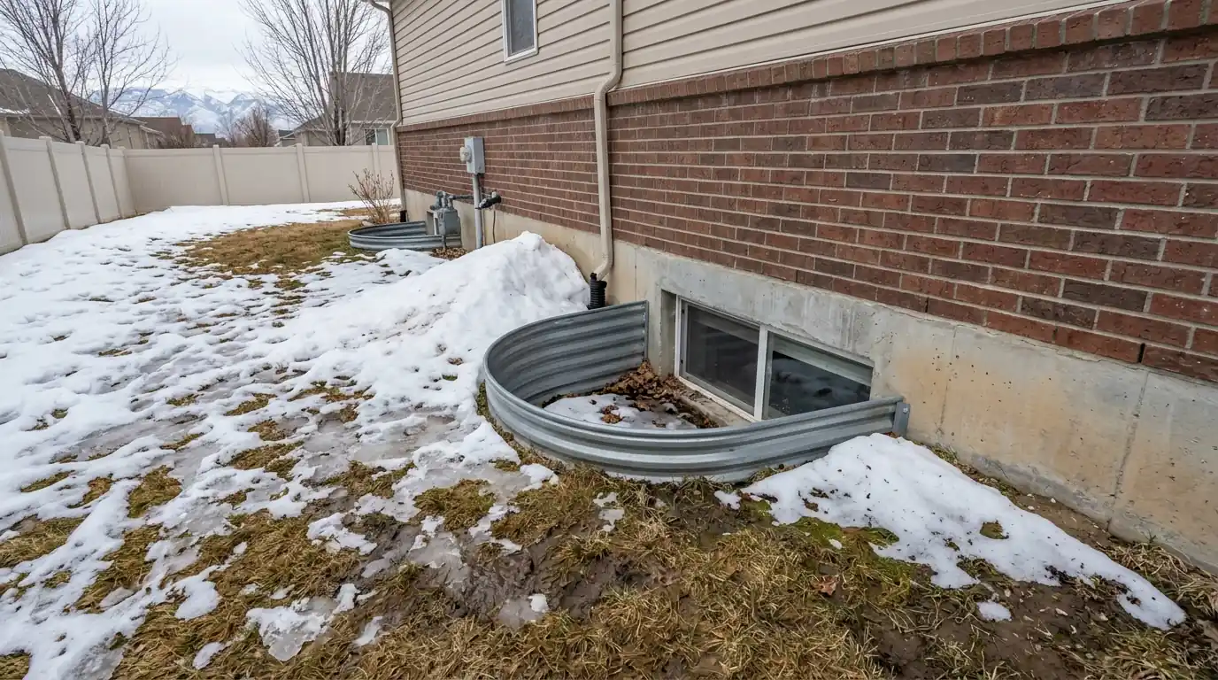 A Layton home with a window well during the spring melt