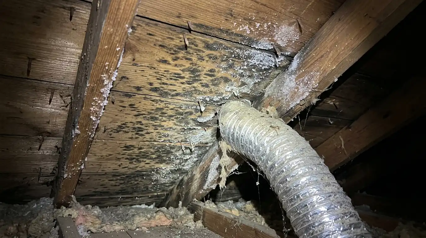 Mold on attic sheathing above a bath fan duct in an older Salt Lake City home