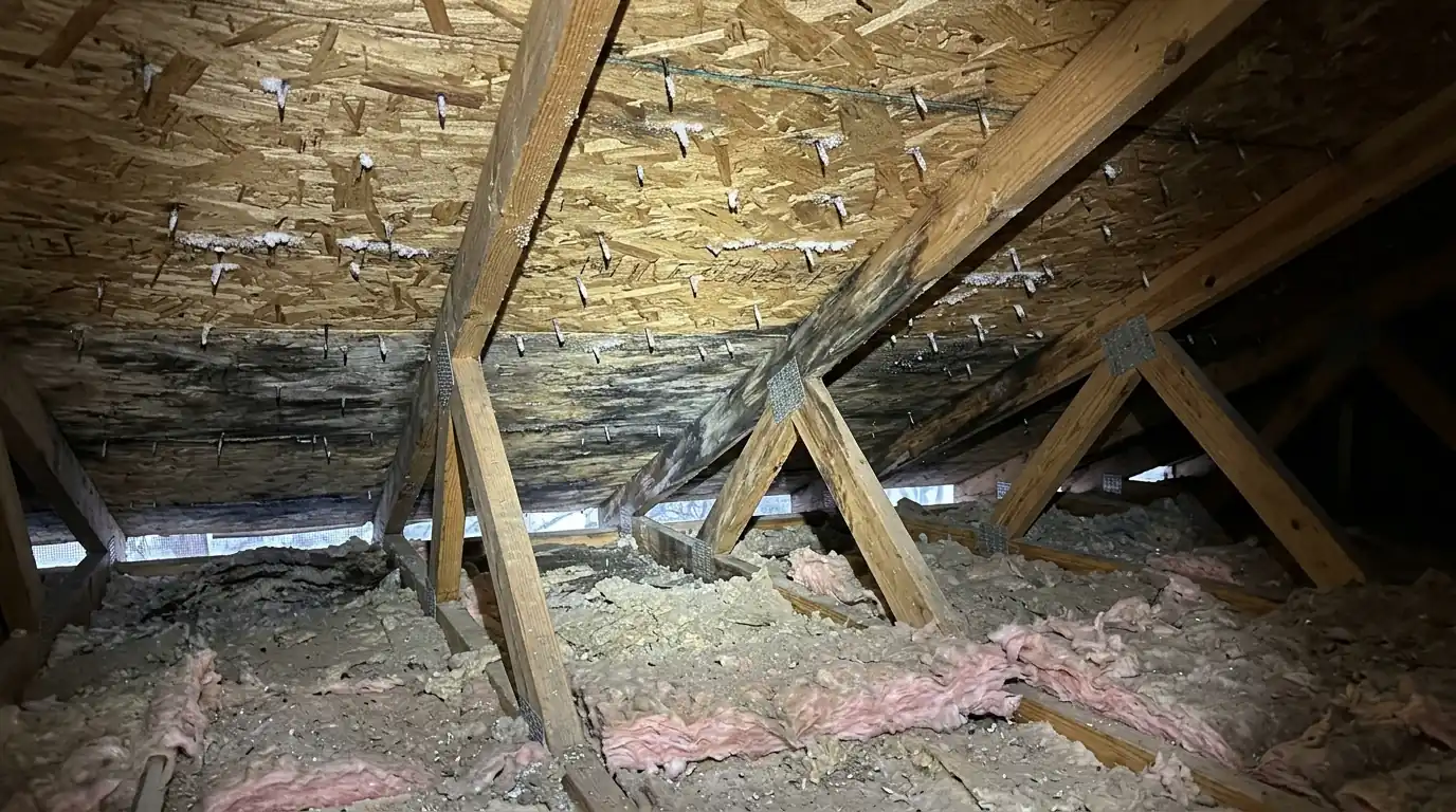 Frost and staining on attic sheathing in winter