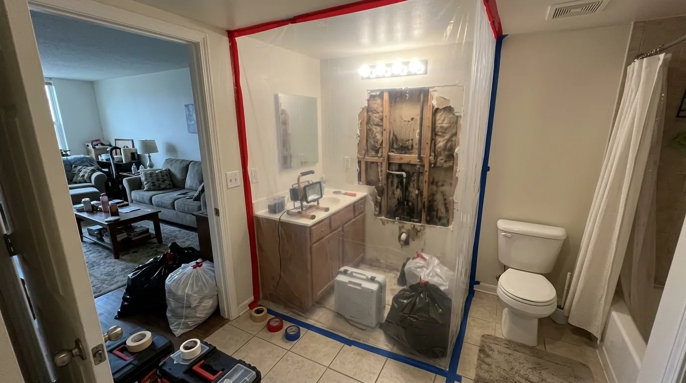 Mold remediation behind a vanity in an occupied rental unit