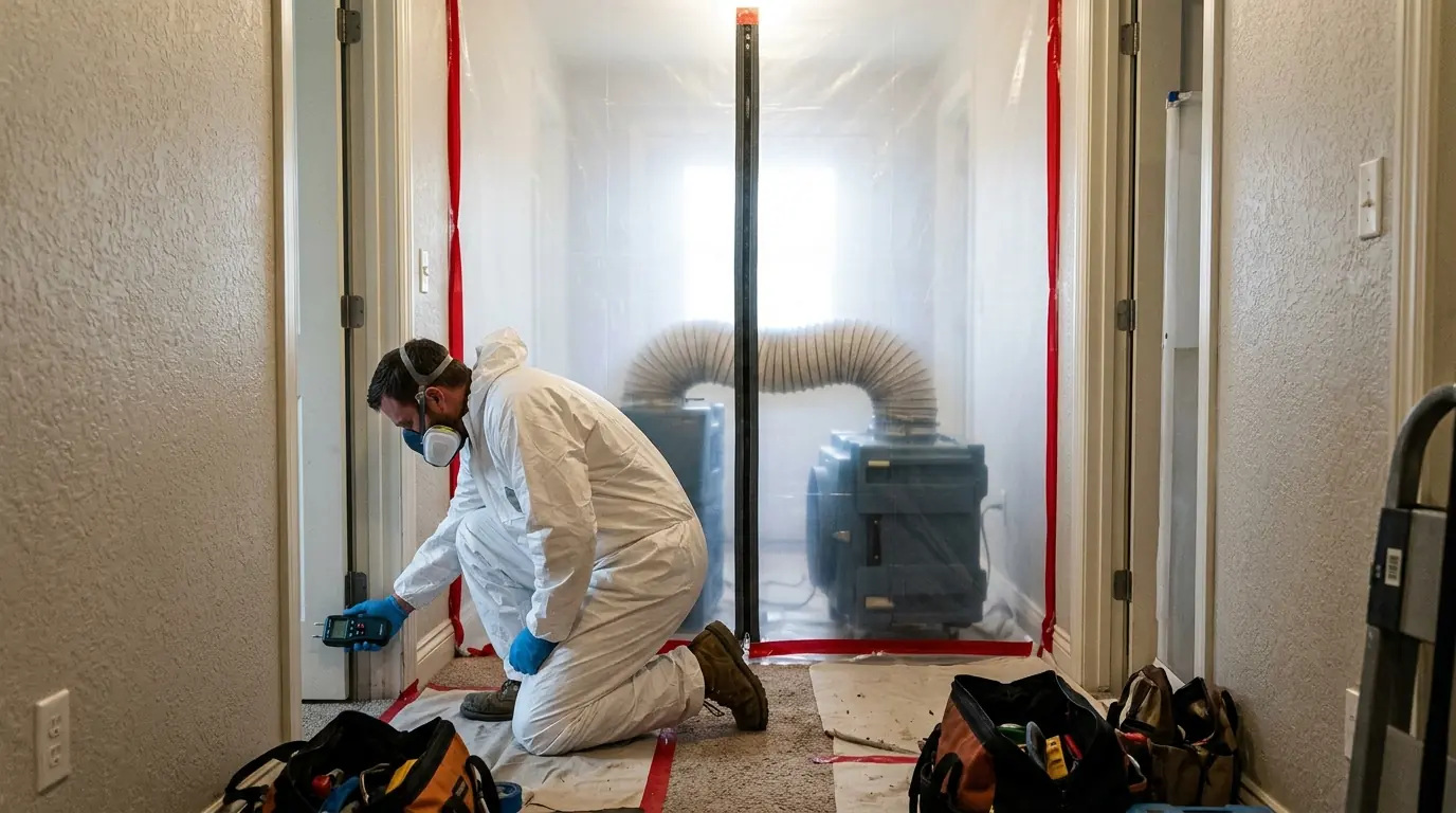 Containment with a zipper door and air scrubber in a home hallway