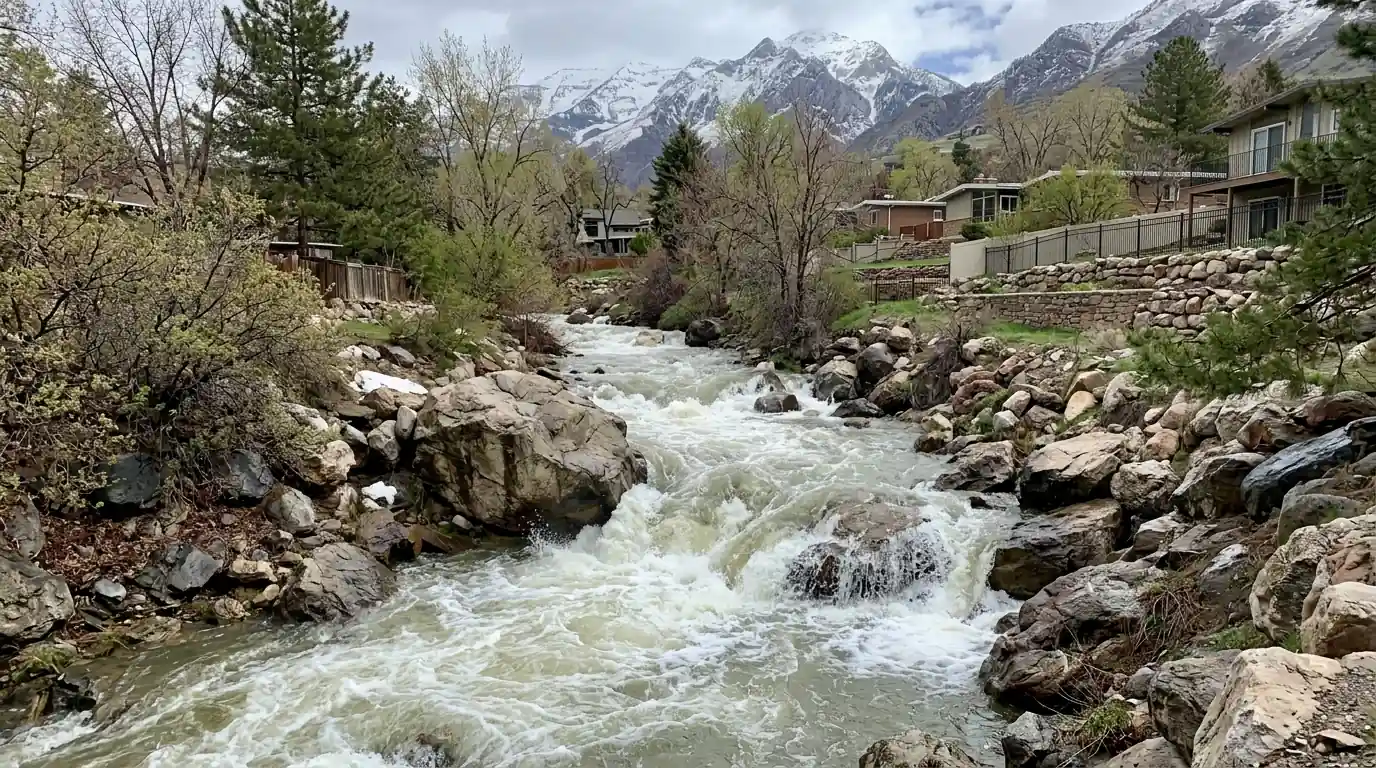 A creek running high during spring snowmelt in Salt Lake City