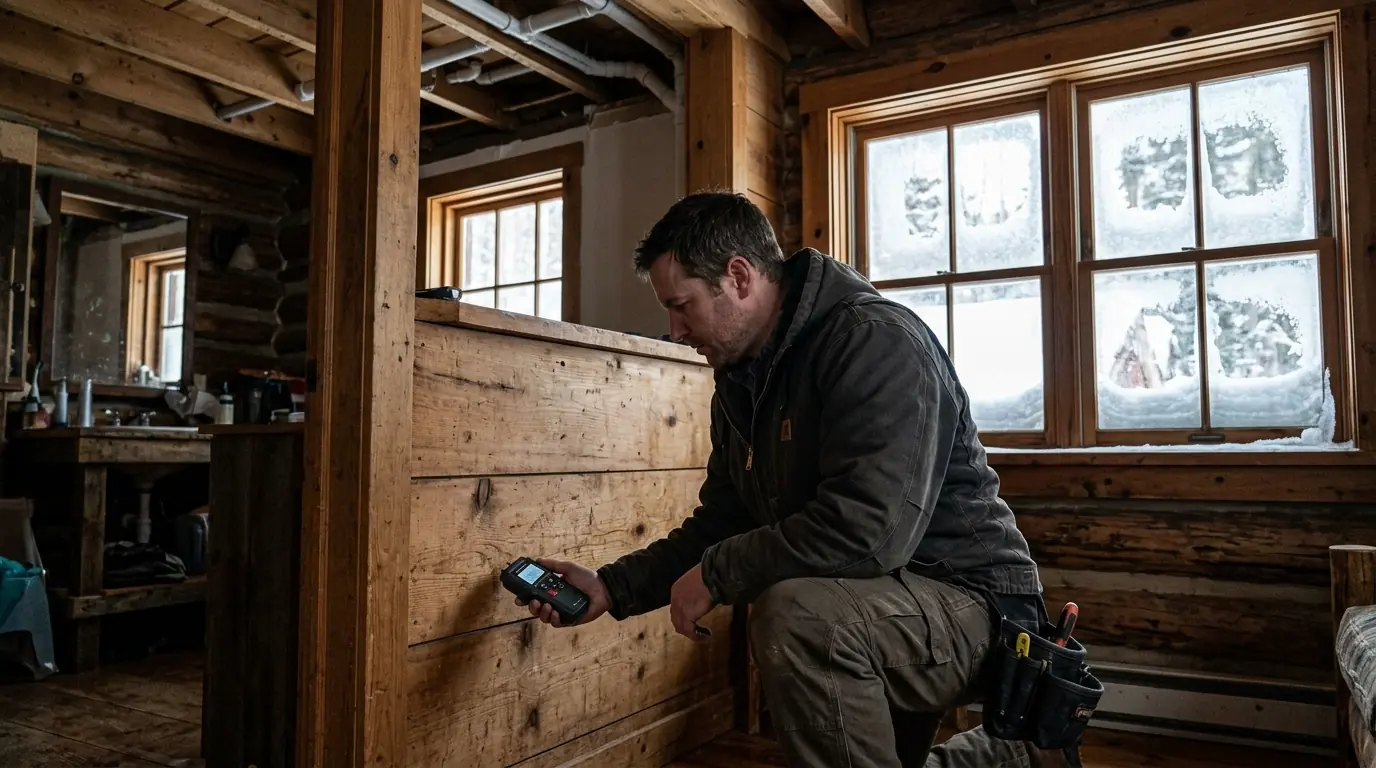 Checking a cabin wall below a bathroom in winter