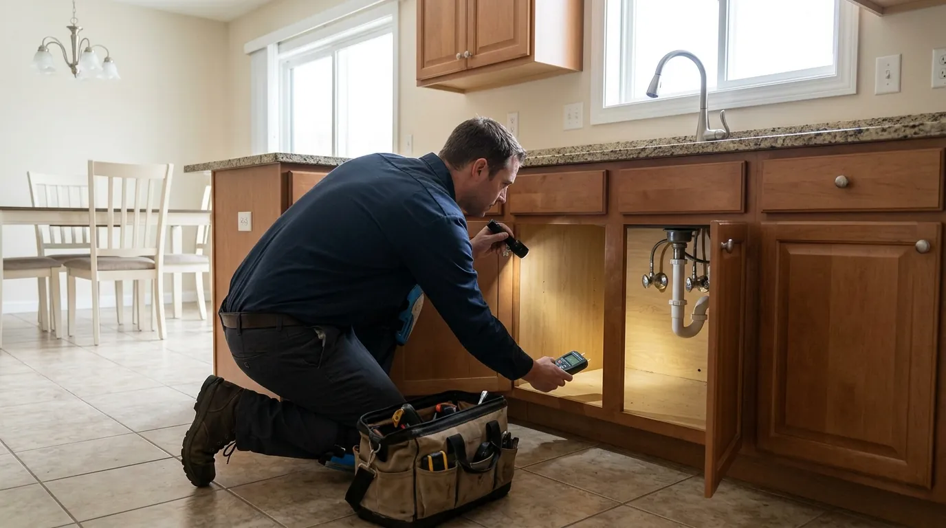Checking under a sink in an empty seasonal home