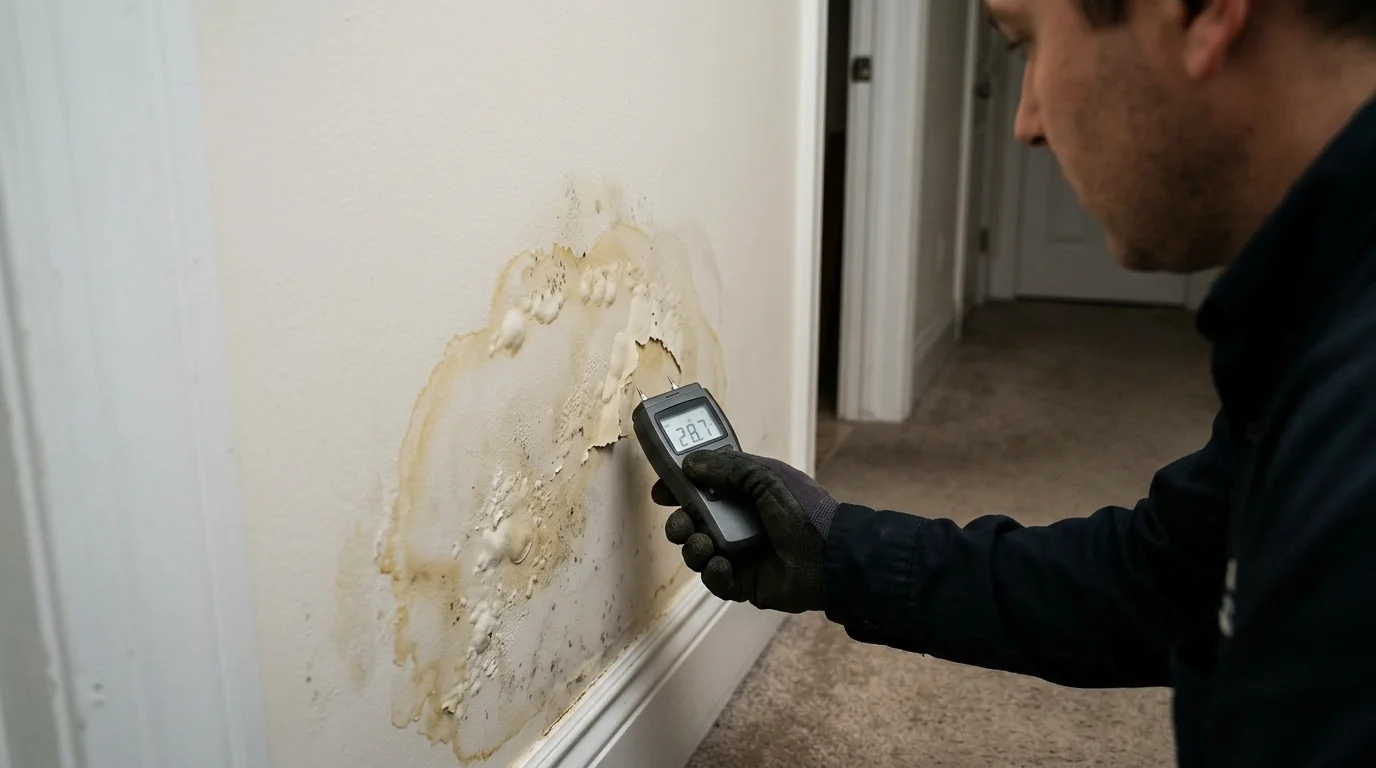 Moisture meter reading on stained drywall