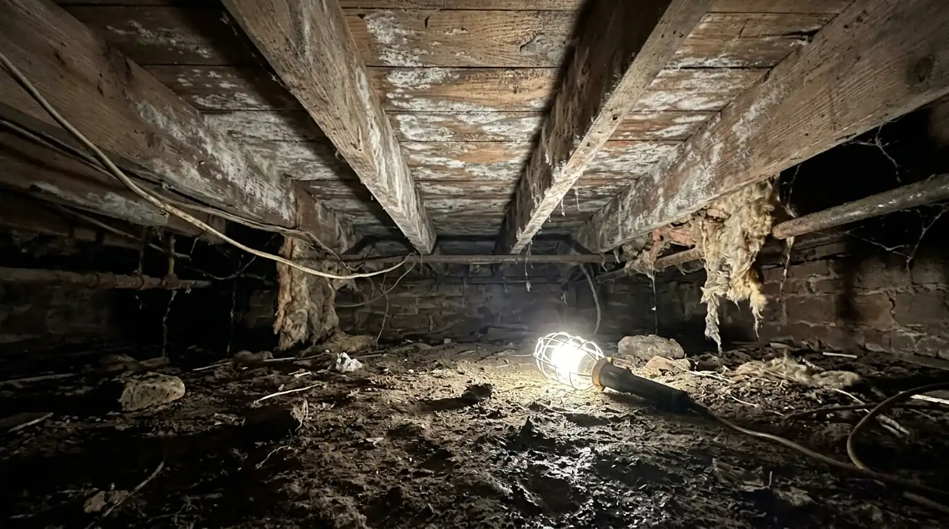 Mold on crawl space joists over damp soil