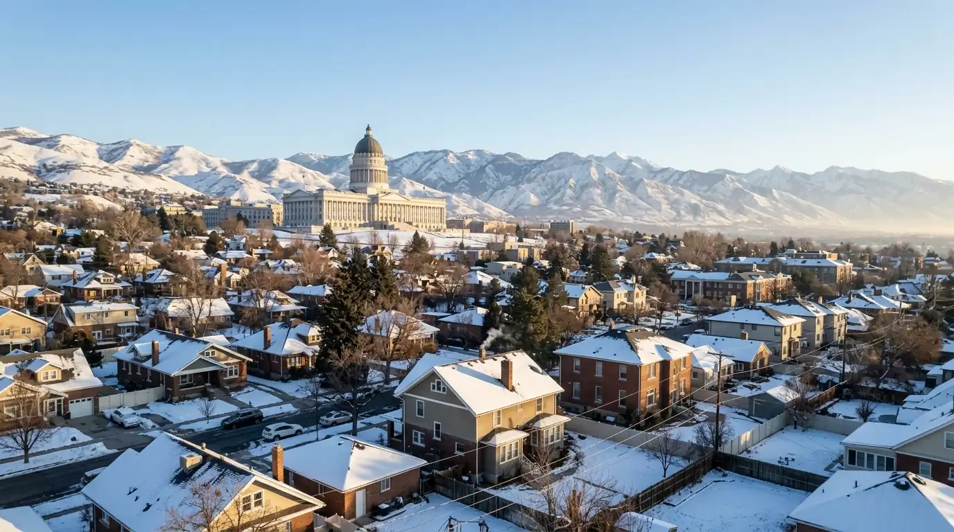 Salt Lake City rooftops and the Wasatch foothills in winter