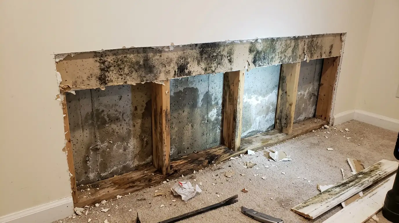 Moldy drywall cut away from a damp basement foundation wall